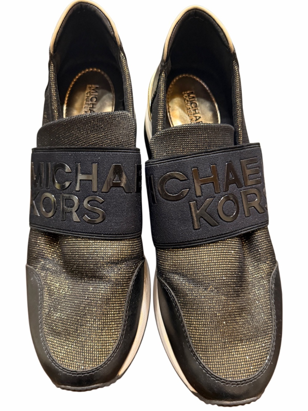 Michael Kors Black and Gold Slip-On Sneakers with Logo Strap